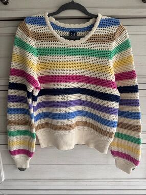 GAP Cream Multicolor Striped Crochet Crewneck Sweater